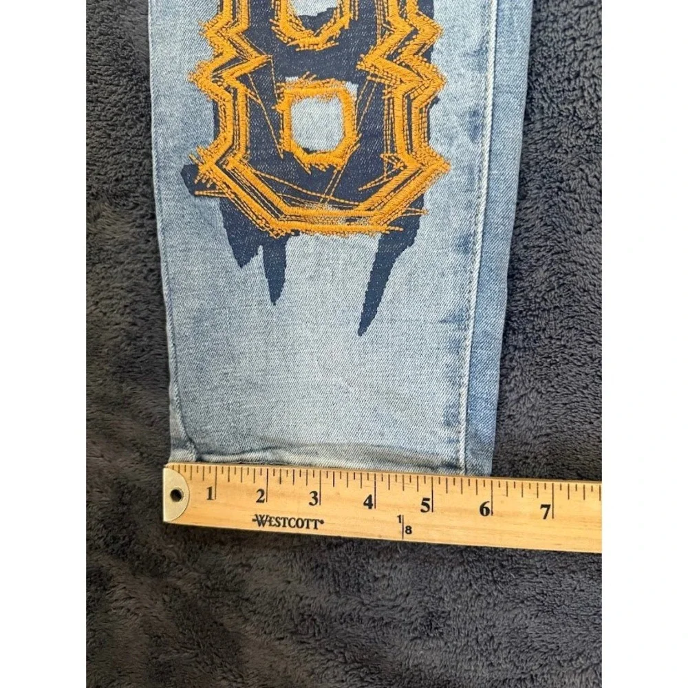 Smoke Rise Mens Light Wash Distressed Patched Graphic Denim Jeans Slim Fit 34x31